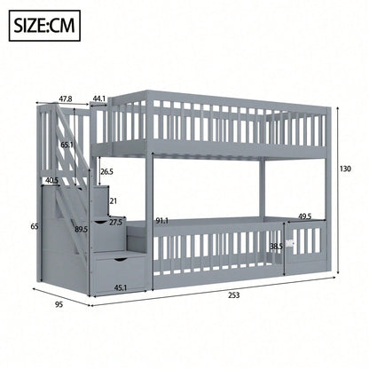 Etagenbett 90x200 Kinderbett mit Sicherheitstreppe und Schubladen, weißes Holzeinzelbett mit Stauraumbett für Kinder, Jugendliche