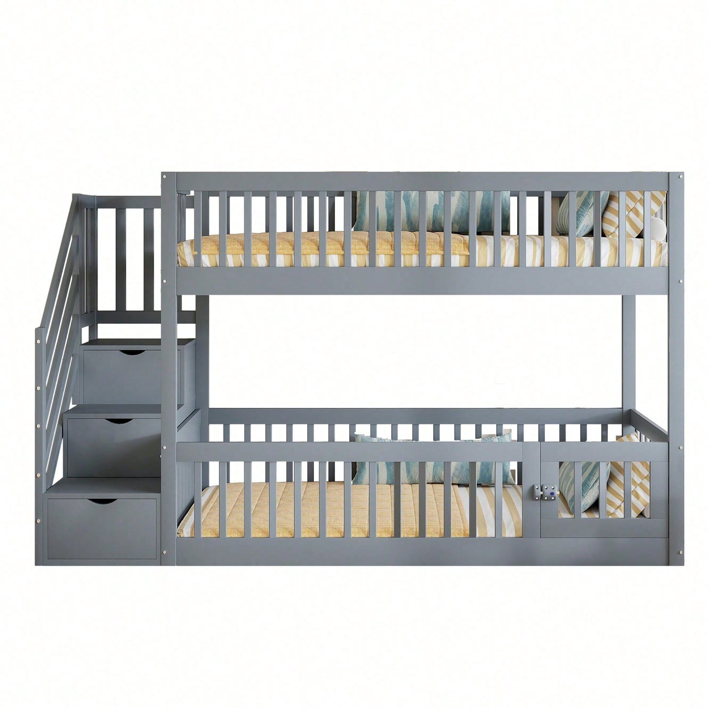 Etagenbett 90x200 Kinderbett mit Sicherheitstreppe und Schubladen, weißes Holzeinzelbett mit Stauraumbett für Kinder, Jugendliche