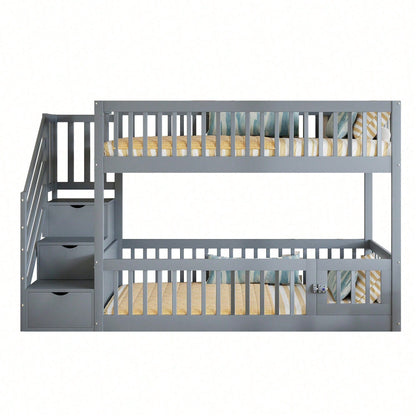 Etagenbett 90x200 Kinderbett mit Sicherheitstreppe und Schubladen, weißes Holzeinzelbett mit Stauraumbett für Kinder, Jugendliche