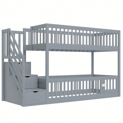 Etagenbett 90x200 Kinderbett mit Sicherheitstreppe und Schubladen, weißes Holzeinzelbett mit Stauraumbett für Kinder, Jugendliche