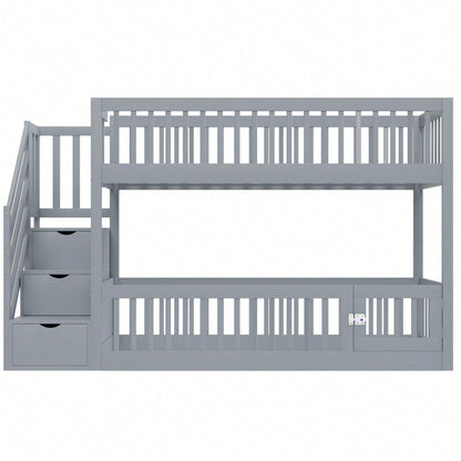 Etagenbett 90x200 Kinderbett mit Sicherheitstreppe und Schubladen, weißes Holzeinzelbett mit Stauraumbett für Kinder, Jugendliche