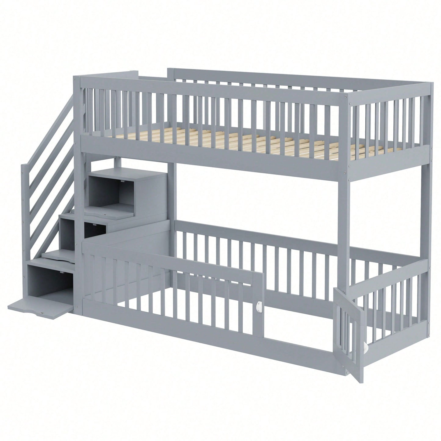 Etagenbett 90x200 Kinderbett mit Sicherheitstreppe und Schubladen, weißes Holzeinzelbett mit Stauraumbett für Kinder, Jugendliche