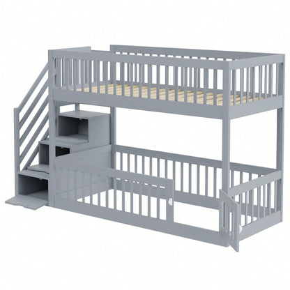 Etagenbett 90x200 Kinderbett mit Sicherheitstreppe und Schubladen, weißes Holzeinzelbett mit Stauraumbett für Kinder, Jugendliche