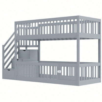Etagenbett 90x200 Kinderbett mit Sicherheitstreppe und Schubladen, weißes Holzeinzelbett mit Stauraumbett für Kinder, Jugendliche