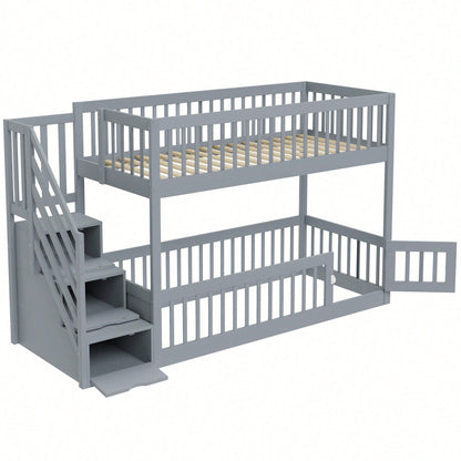 Etagenbett 90x200 Kinderbett mit Sicherheitstreppe und Schubladen, weißes Holzeinzelbett mit Stauraumbett für Kinder, Jugendliche