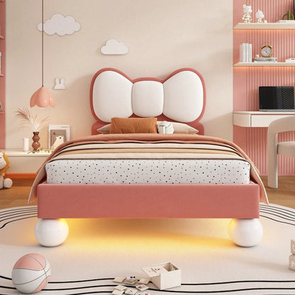 Polsterbett, Einzelbett, Kinderbett, Fliegeformiges Bettkopfteil, Farblich anpassbare LED-Lichtleiste unter dem Bett, stabiler Lattenrost, Samt, schönes Design, Beige + Rosa, 90x200cm