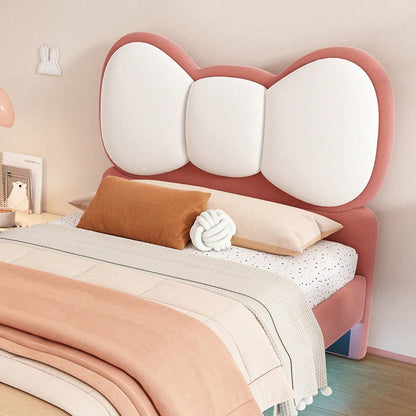 Polsterbett, Einzelbett, Kinderbett, Fliegeformiges Bettkopfteil, Farblich anpassbare LED-Lichtleiste unter dem Bett, stabiler Lattenrost, Samt, schönes Design, Beige + Rosa, 90x200cm