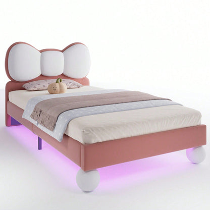 Polsterbett, Einzelbett, Kinderbett, Fliegeformiges Bettkopfteil, Farblich anpassbare LED-Lichtleiste unter dem Bett, stabiler Lattenrost, Samt, schönes Design, Beige + Rosa, 90x200cm