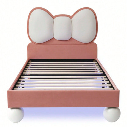 Polsterbett, Einzelbett, Kinderbett, Fliegeformiges Bettkopfteil, Farblich anpassbare LED-Lichtleiste unter dem Bett, stabiler Lattenrost, Samt, schönes Design, Beige + Rosa, 90x200cm