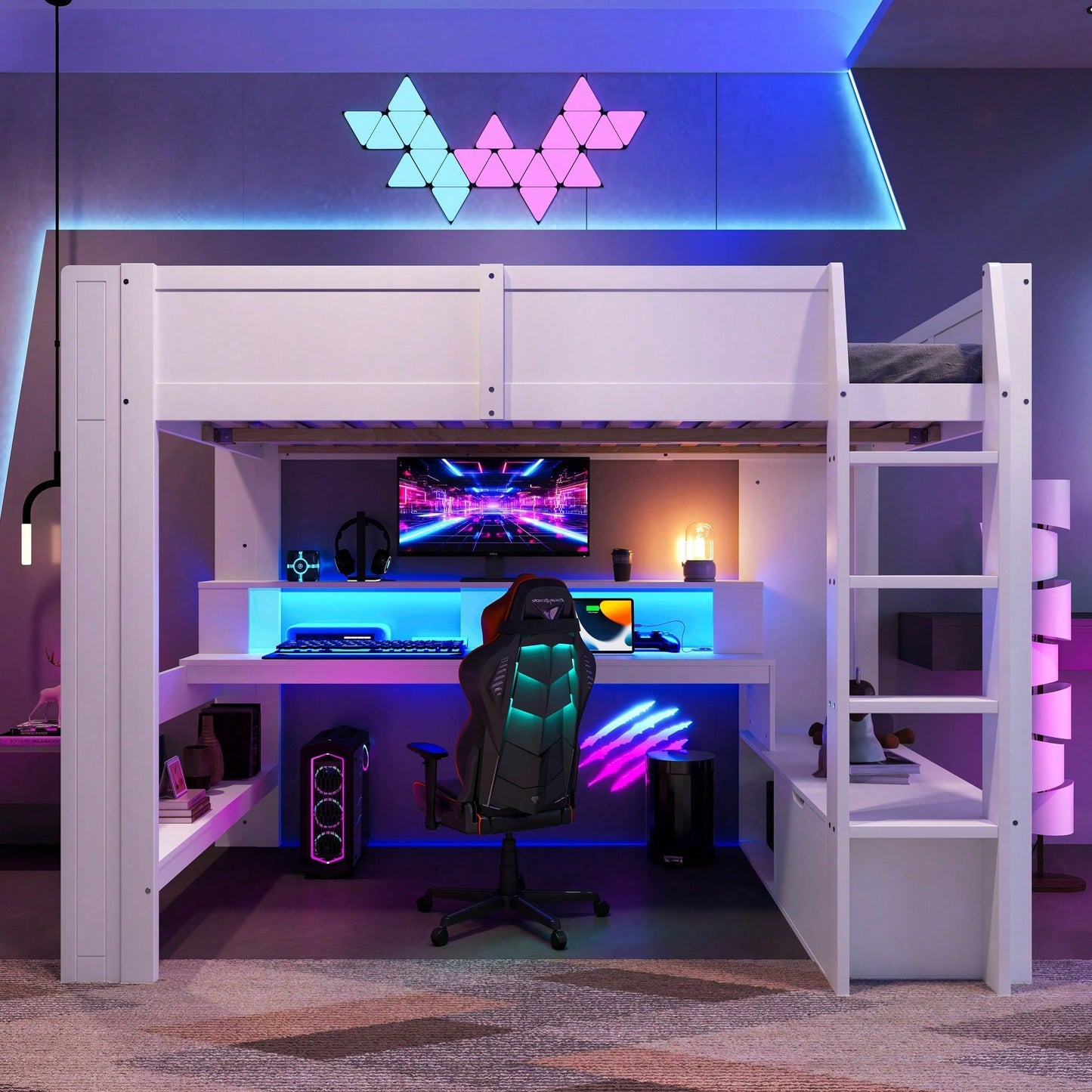 Gaming-Hochbett 140x200 cm mit Schreibtisch & LED-Beleuchtung – Inkl. Schubladen, Regalen & Arbeitsfläche – Weiß (ohne Matratze)