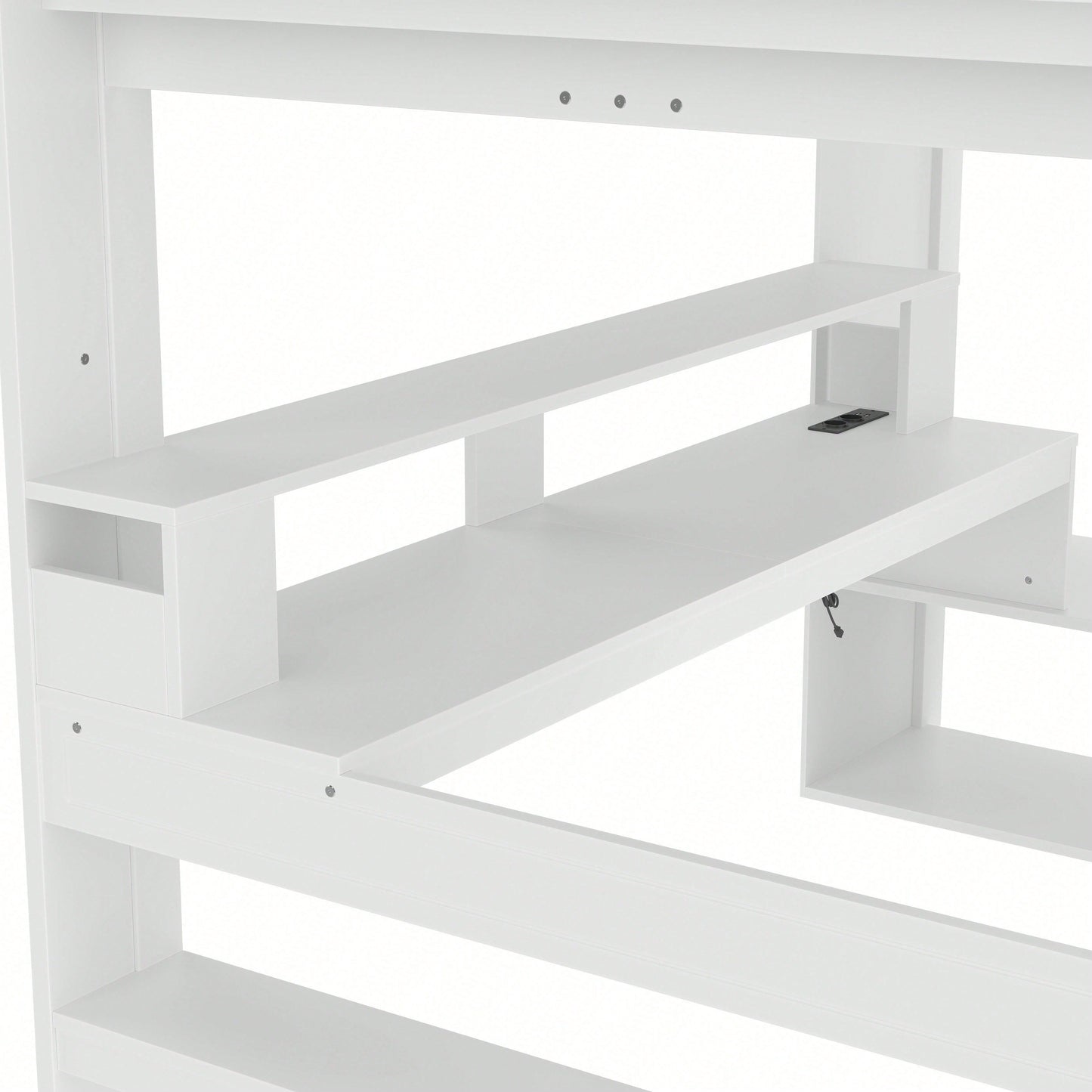 Gaming-Hochbett 140x200 cm mit Schreibtisch & LED-Beleuchtung – Inkl. Schubladen, Regalen & Arbeitsfläche – Weiß (ohne Matratze)