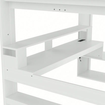 Gaming-Hochbett 140x200 cm mit Schreibtisch & LED-Beleuchtung – Inkl. Schubladen, Regalen & Arbeitsfläche – Weiß (ohne Matratze)