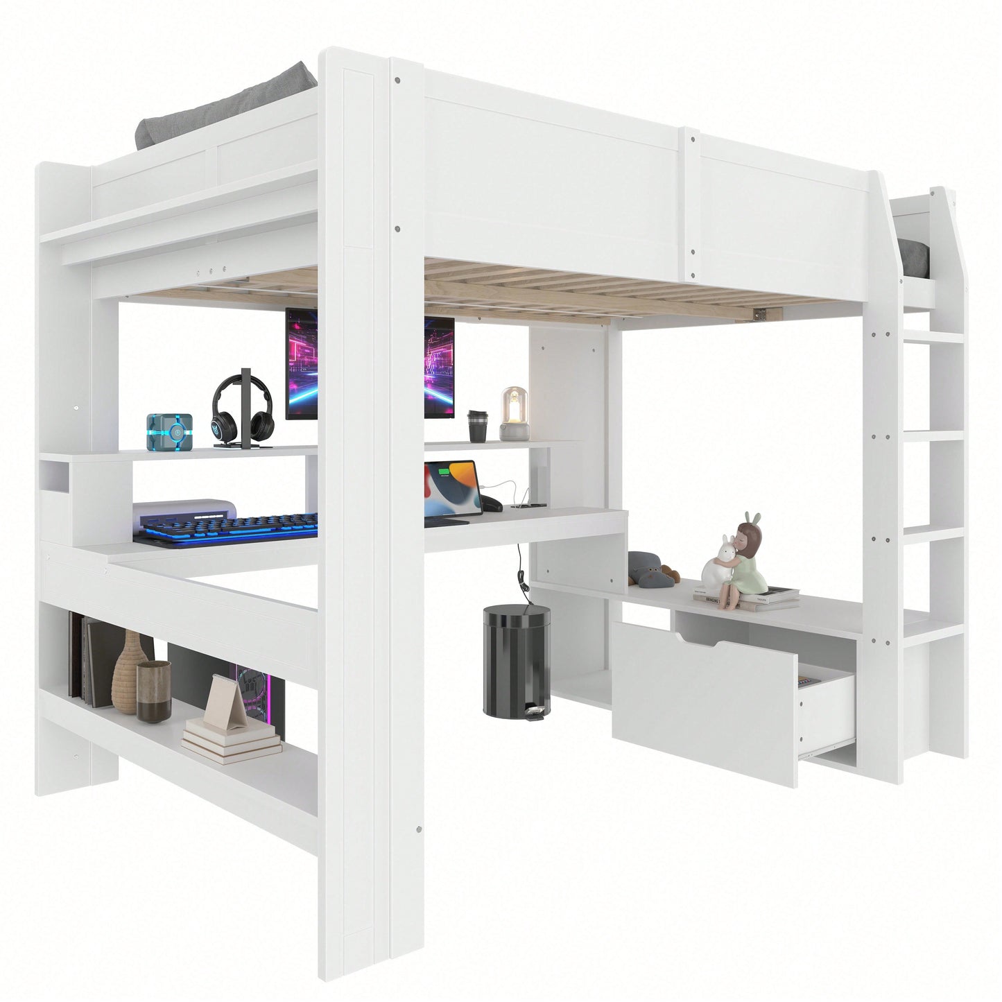 Gaming-Hochbett 140x200 cm mit Schreibtisch & LED-Beleuchtung – Inkl. Schubladen, Regalen & Arbeitsfläche – Weiß (ohne Matratze)