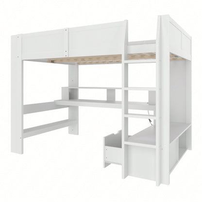 Gaming-Hochbett 140x200 cm mit Schreibtisch & LED-Beleuchtung – Inkl. Schubladen, Regalen & Arbeitsfläche – Weiß (ohne Matratze)