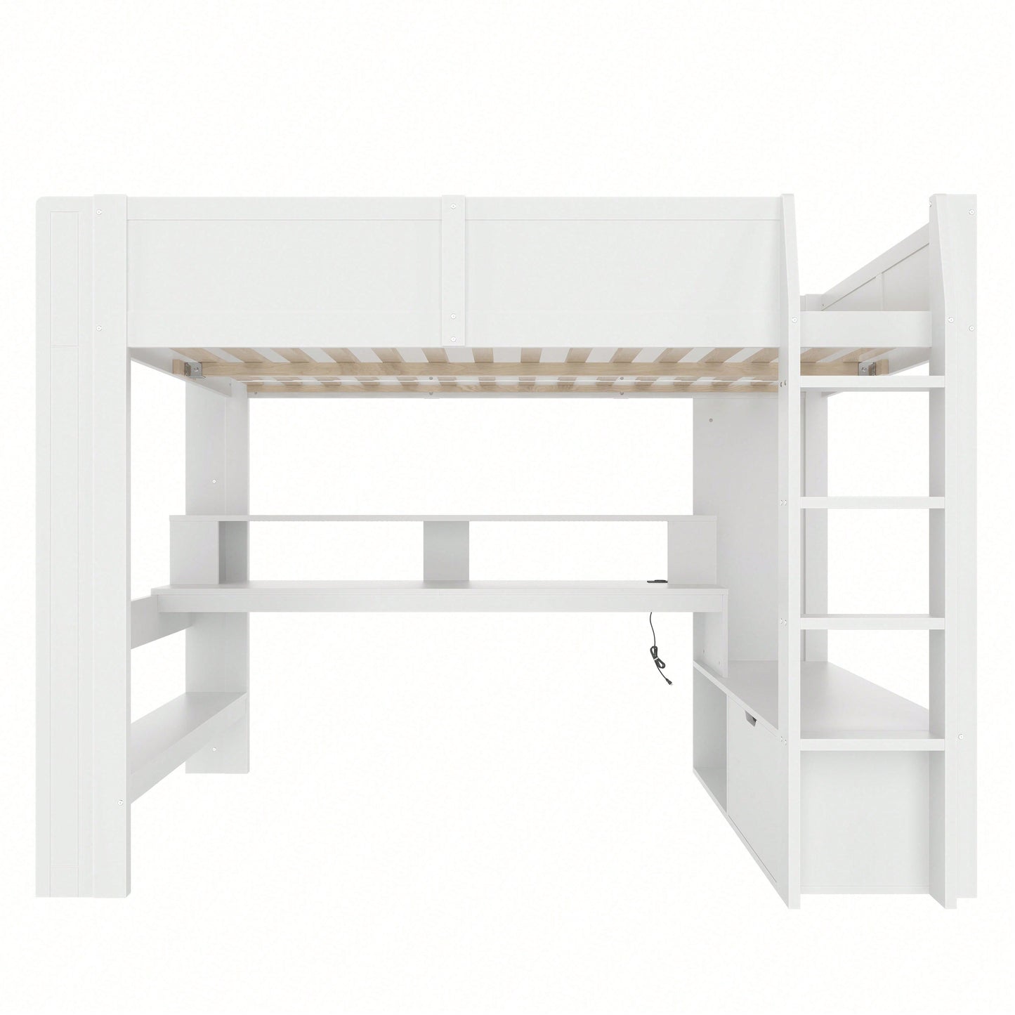 Gaming-Hochbett 140x200 cm mit Schreibtisch & LED-Beleuchtung – Inkl. Schubladen, Regalen & Arbeitsfläche – Weiß (ohne Matratze)