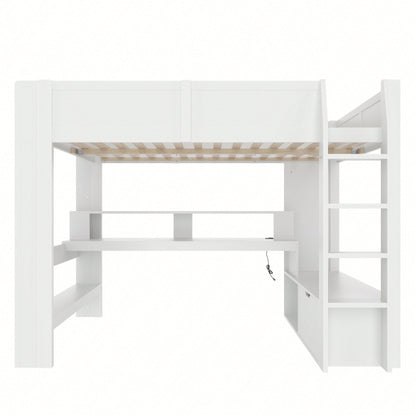 Gaming-Hochbett 140x200 cm mit Schreibtisch & LED-Beleuchtung – Inkl. Schubladen, Regalen & Arbeitsfläche – Weiß (ohne Matratze)