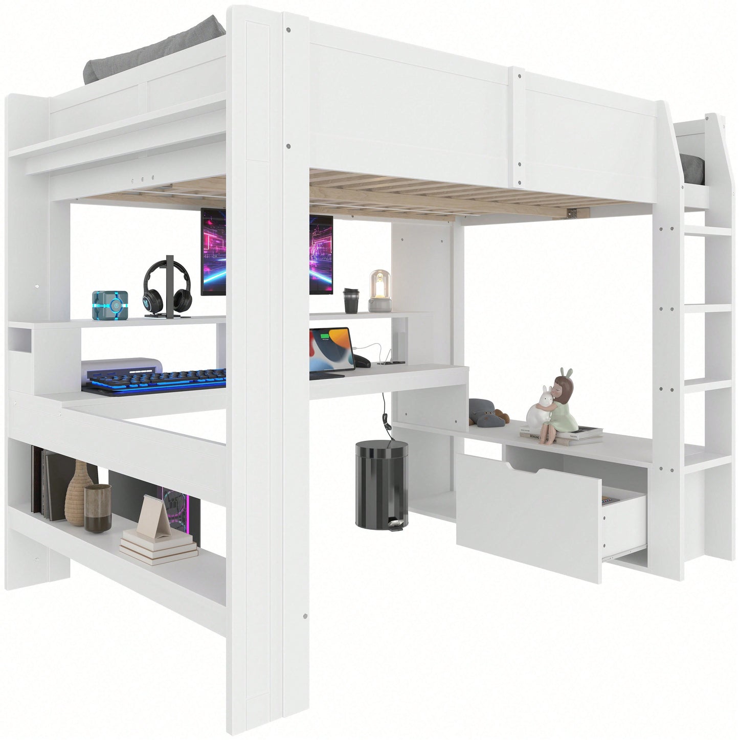 Gaming-Hochbett 140x200 cm mit Schreibtisch & LED-Beleuchtung – Inkl. Schubladen, Regalen & Arbeitsfläche – Weiß (ohne Matratze)