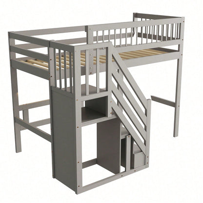 Massivholzbett 90x200 cm - Hochbett mit Treppe & integriertem Stauraum - Kinderbett/Jugendbett in Grau, stabile hohe Ausführung