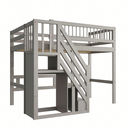 Massivholzbett 90x200 cm - Hochbett mit Treppe & integriertem Stauraum - Kinderbett/Jugendbett in Grau, stabile hohe Ausführung