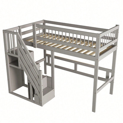 Massivholzbett 90x200 cm - Hochbett mit Treppe & integriertem Stauraum - Kinderbett/Jugendbett in Grau, stabile hohe Ausführung