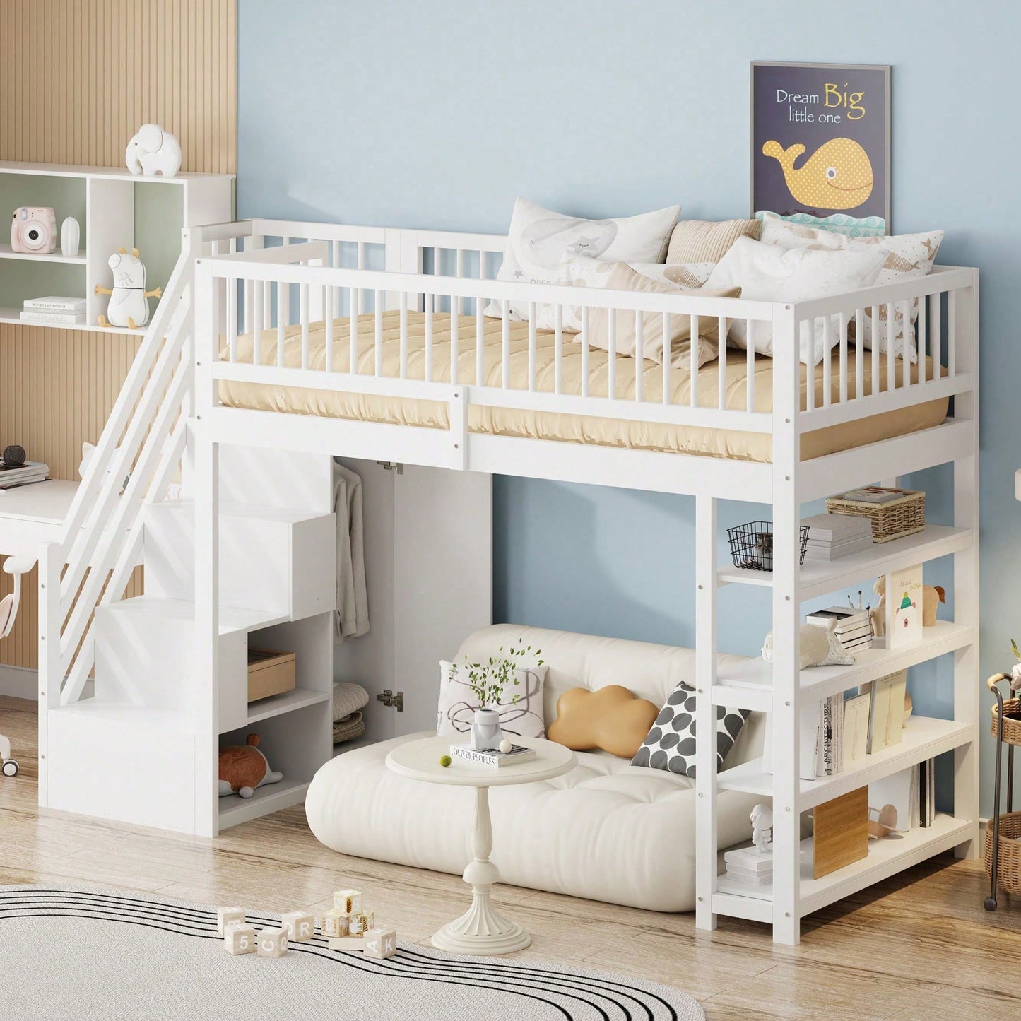 Hochbett 90x200 cm mit Kleiderschrank & Regalen – Sicherheitshochzaun, großer Stauraum & Kletterleiter – Massivholz, weiß, Multifunktions-Kinderbett