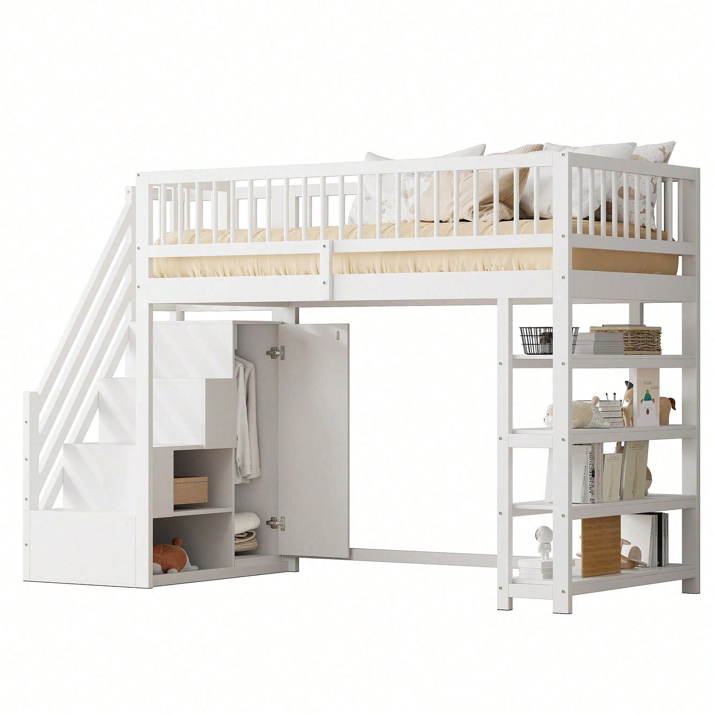 Hochbett 90x200 cm mit Kleiderschrank & Regalen – Sicherheitshochzaun, großer Stauraum & Kletterleiter – Massivholz, weiß, Multifunktions-Kinderbett
