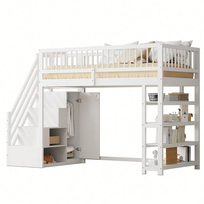 Hochbett 90x200 cm mit Kleiderschrank & Regalen – Sicherheitshochzaun, großer Stauraum & Kletterleiter – Massivholz, weiß, Multifunktions-Kinderbett