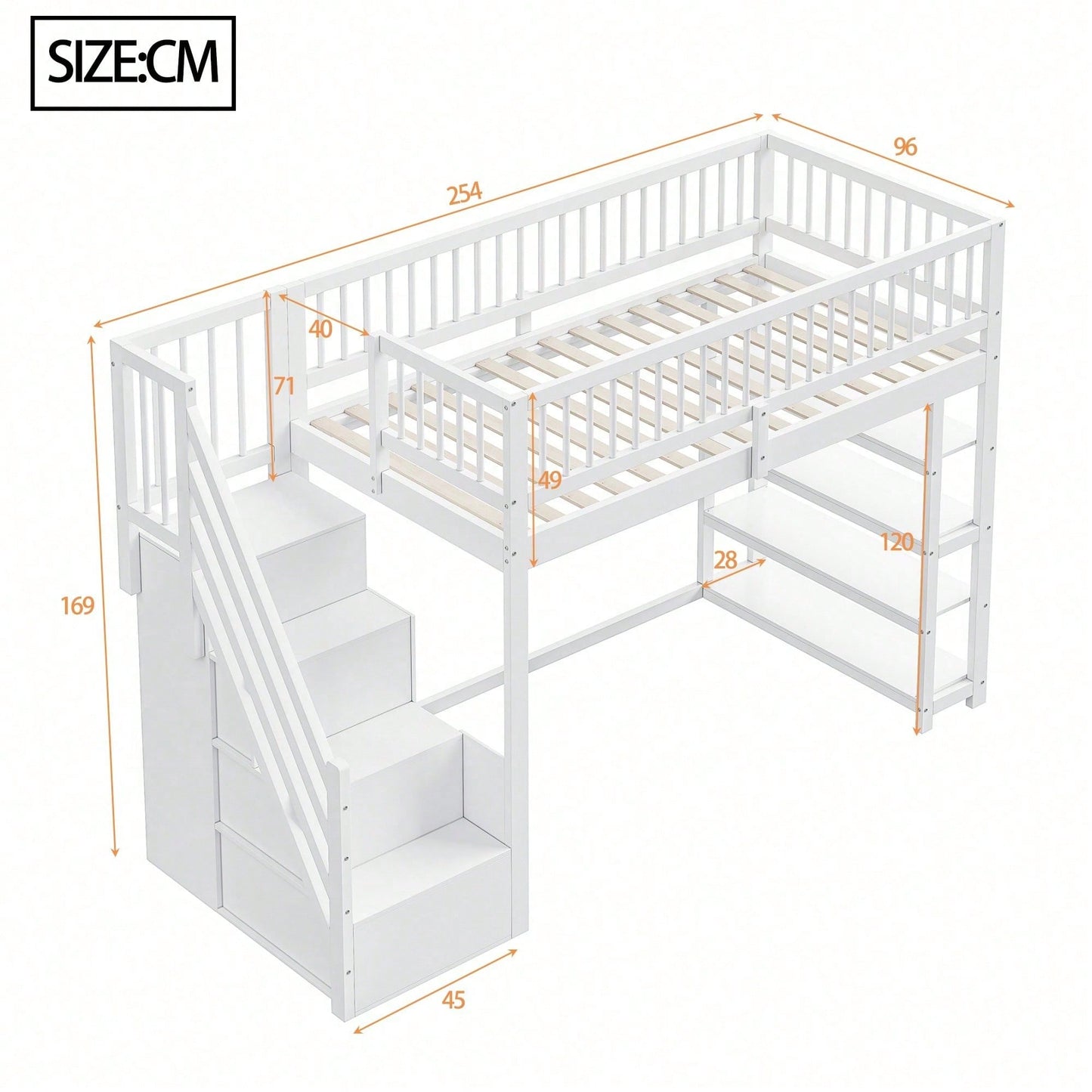 Hochbett 90x200 cm mit Kleiderschrank & Regalen – Sicherheitshochzaun, großer Stauraum & Kletterleiter – Massivholz, weiß, Multifunktions-Kinderbett