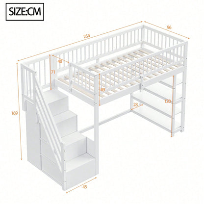 Hochbett 90x200 cm mit Kleiderschrank & Regalen – Sicherheitshochzaun, großer Stauraum & Kletterleiter – Massivholz, weiß, Multifunktions-Kinderbett