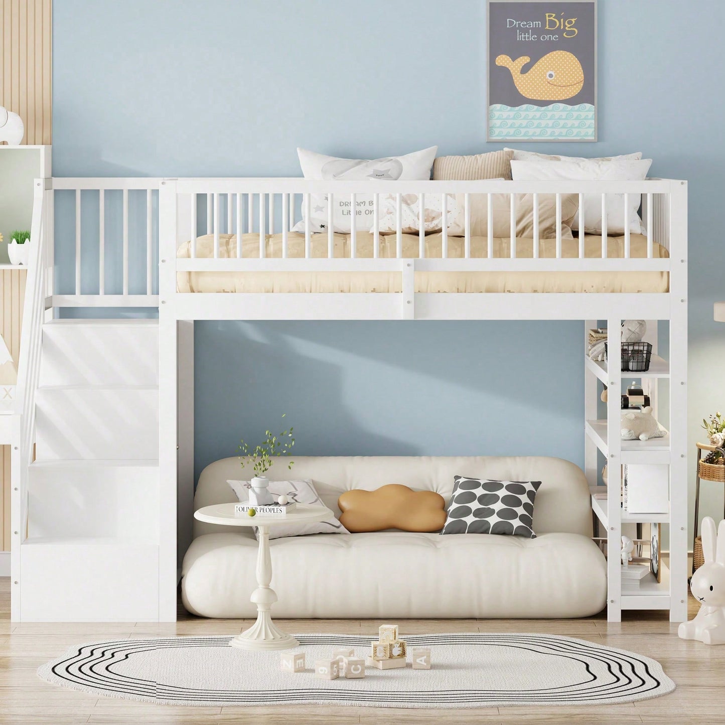 Hochbett 90x200 cm mit Kleiderschrank & Regalen – Sicherheitshochzaun, großer Stauraum & Kletterleiter – Massivholz, weiß, Multifunktions-Kinderbett