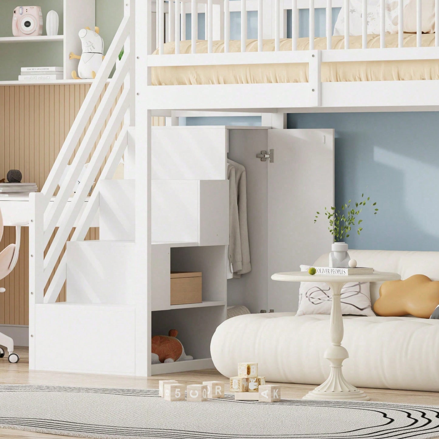 Hochbett 90x200 cm mit Kleiderschrank & Regalen – Sicherheitshochzaun, großer Stauraum & Kletterleiter – Massivholz, weiß, Multifunktions-Kinderbett