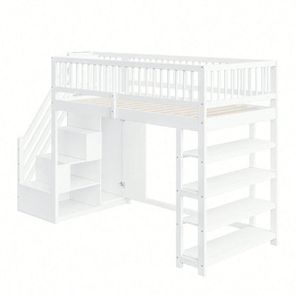 Hochbett 90x200 cm mit Kleiderschrank & Regalen – Sicherheitshochzaun, großer Stauraum & Kletterleiter – Massivholz, weiß, Multifunktions-Kinderbett