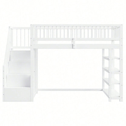 Hochbett 90x200 cm mit Kleiderschrank & Regalen – Sicherheitshochzaun, großer Stauraum & Kletterleiter – Massivholz, weiß, Multifunktions-Kinderbett