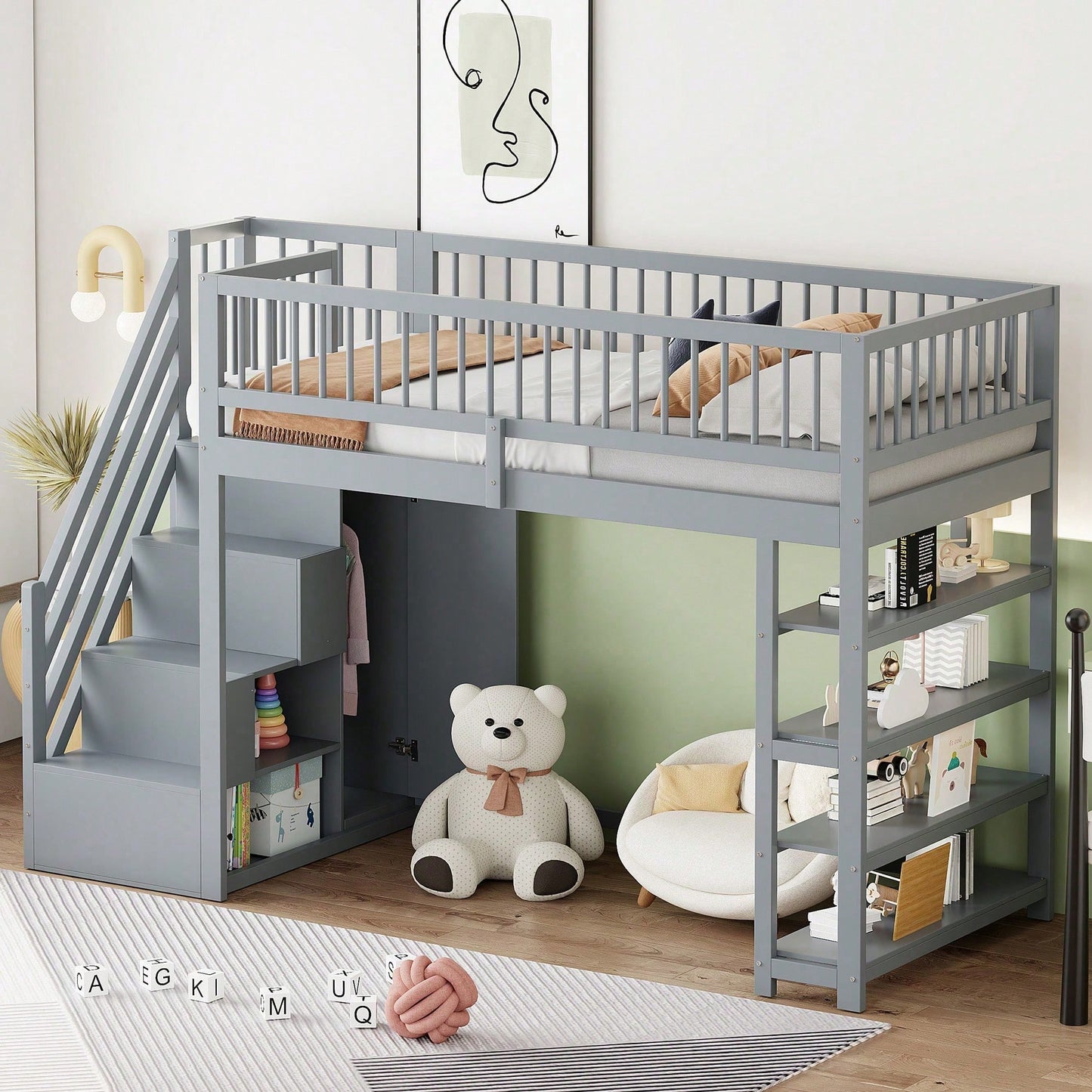 Hochbett 90x200 cm mit Kleiderschrank & Regalen – Sicherheitshochzaun, großer Stauraum & Kletterleiter – Massivholz, weiß, Multifunktions-Kinderbett