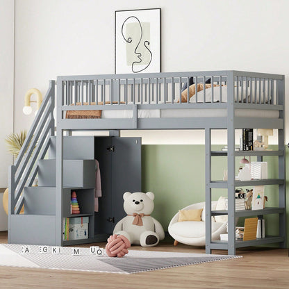 Hochbett 90x200 cm mit Kleiderschrank & Regalen – Sicherheitshochzaun, großer Stauraum & Kletterleiter – Massivholz, weiß, Multifunktions-Kinderbett