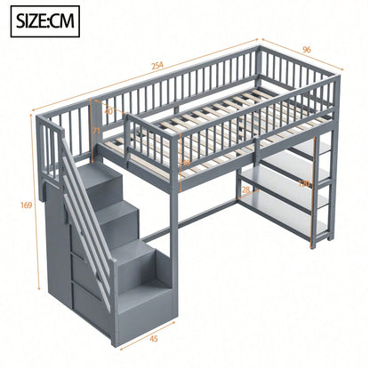 Hochbett 90x200 cm mit Kleiderschrank & Regalen – Sicherheitshochzaun, großer Stauraum & Kletterleiter – Massivholz, weiß, Multifunktions-Kinderbett