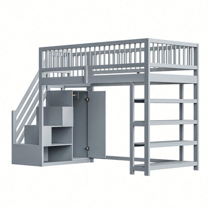 Hochbett 90x200 cm mit Kleiderschrank & Regalen – Sicherheitshochzaun, großer Stauraum & Kletterleiter – Massivholz, weiß, Multifunktions-Kinderbett