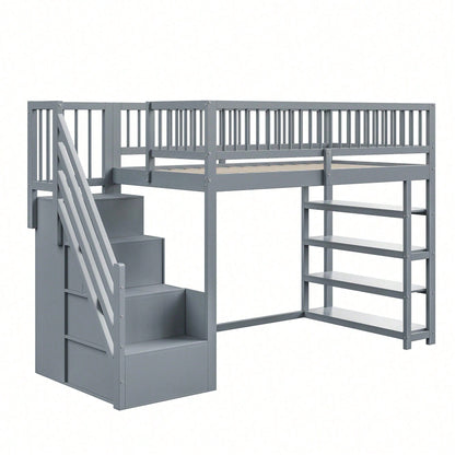 Hochbett 90x200 cm mit Kleiderschrank & Regalen – Sicherheitshochzaun, großer Stauraum & Kletterleiter – Massivholz, weiß, Multifunktions-Kinderbett