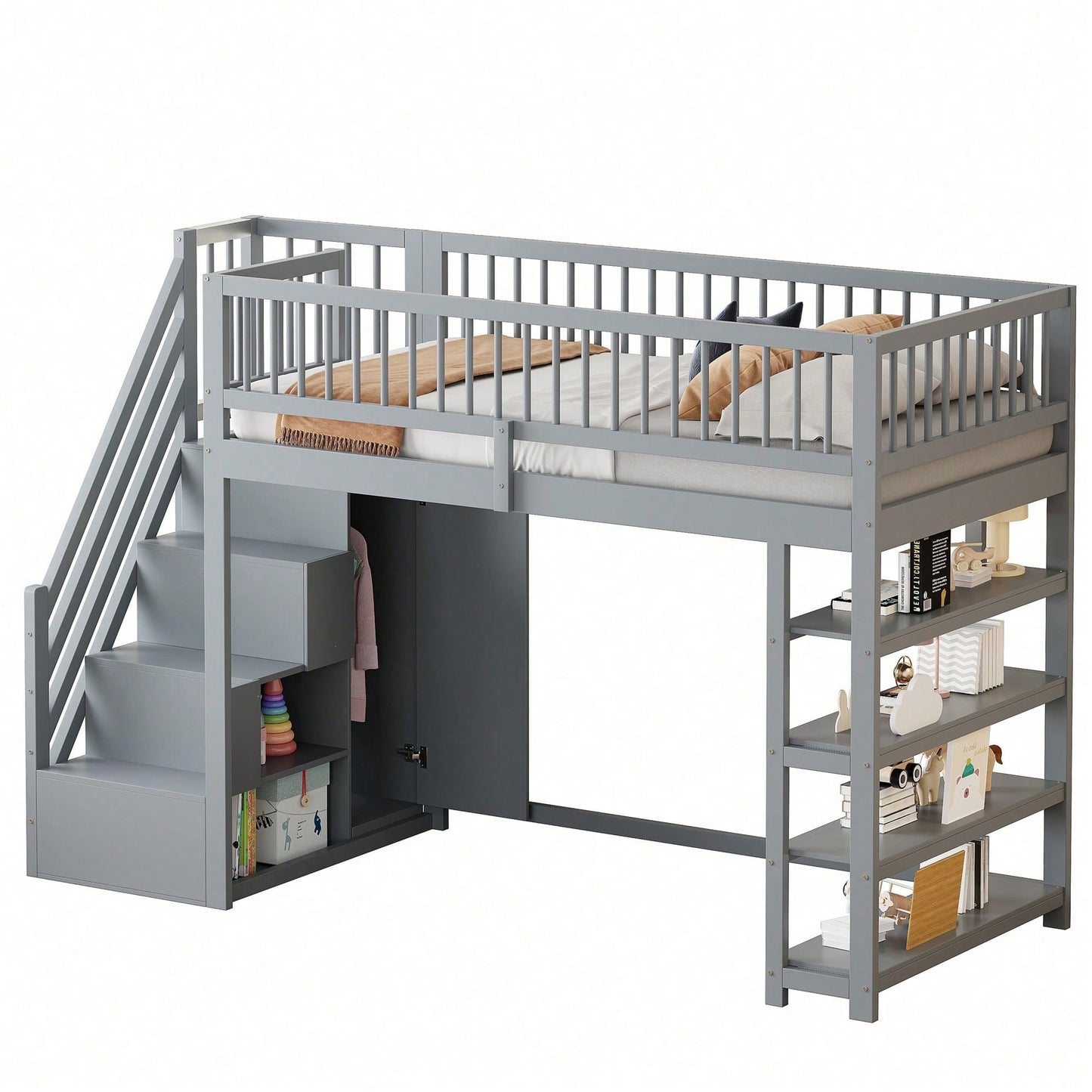 Hochbett 90x200 cm mit Kleiderschrank & Regalen – Sicherheitshochzaun, großer Stauraum & Kletterleiter – Massivholz, weiß, Multifunktions-Kinderbett