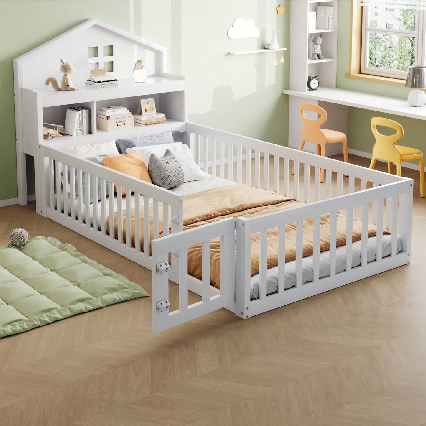 White Solid Wood Children's Bed 90x200 cm - Complete Bed Frame with Safety Gate & Door, Picture Rail, Storage Shelves & Slatted Base - Playful House-Shaped Design for Kids' Room
