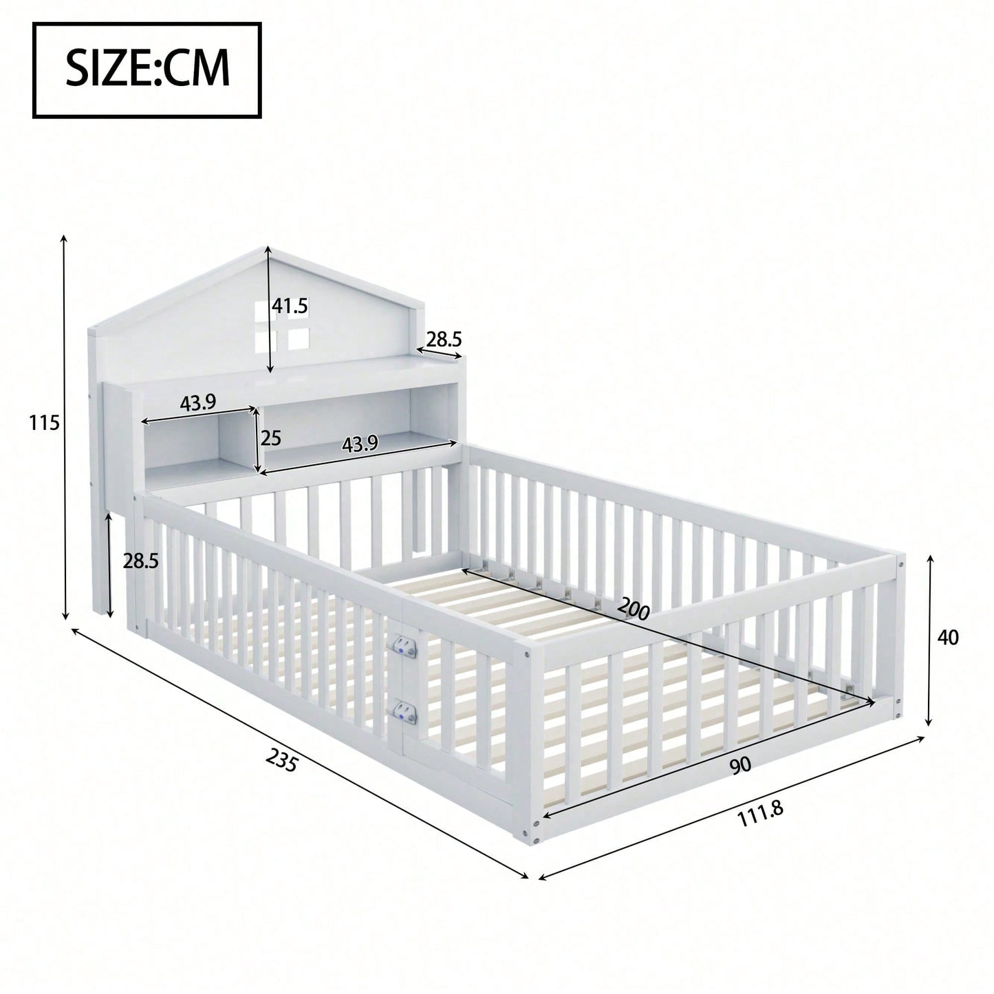 White Solid Wood Children's Bed 90x200 cm - Complete Bed Frame with Safety Gate & Door, Picture Rail, Storage Shelves & Slatted Base - Playful House-Shaped Design for Kids' Room