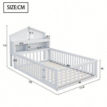 White Solid Wood Children's Bed 90x200 cm - Complete Bed Frame with Safety Gate & Door, Picture Rail, Storage Shelves & Slatted Base - Playful House-Shaped Design for Kids' Room