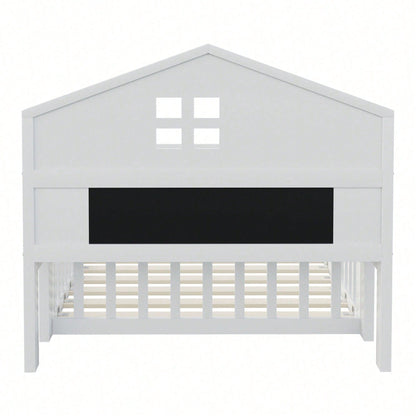 White Solid Wood Children's Bed 90x200 cm - Complete Bed Frame with Safety Gate & Door, Picture Rail, Storage Shelves & Slatted Base - Playful House-Shaped Design for Kids' Room