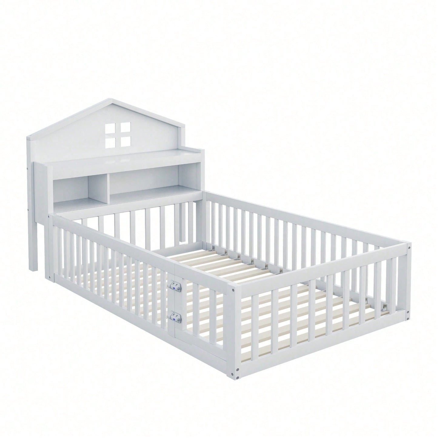 White Solid Wood Children's Bed 90x200 cm - Complete Bed Frame with Safety Gate & Door, Picture Rail, Storage Shelves & Slatted Base - Playful House-Shaped Design for Kids' Room
