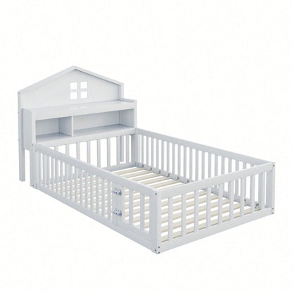 White Solid Wood Children's Bed 90x200 cm - Complete Bed Frame with Safety Gate & Door, Picture Rail, Storage Shelves & Slatted Base - Playful House-Shaped Design for Kids' Room