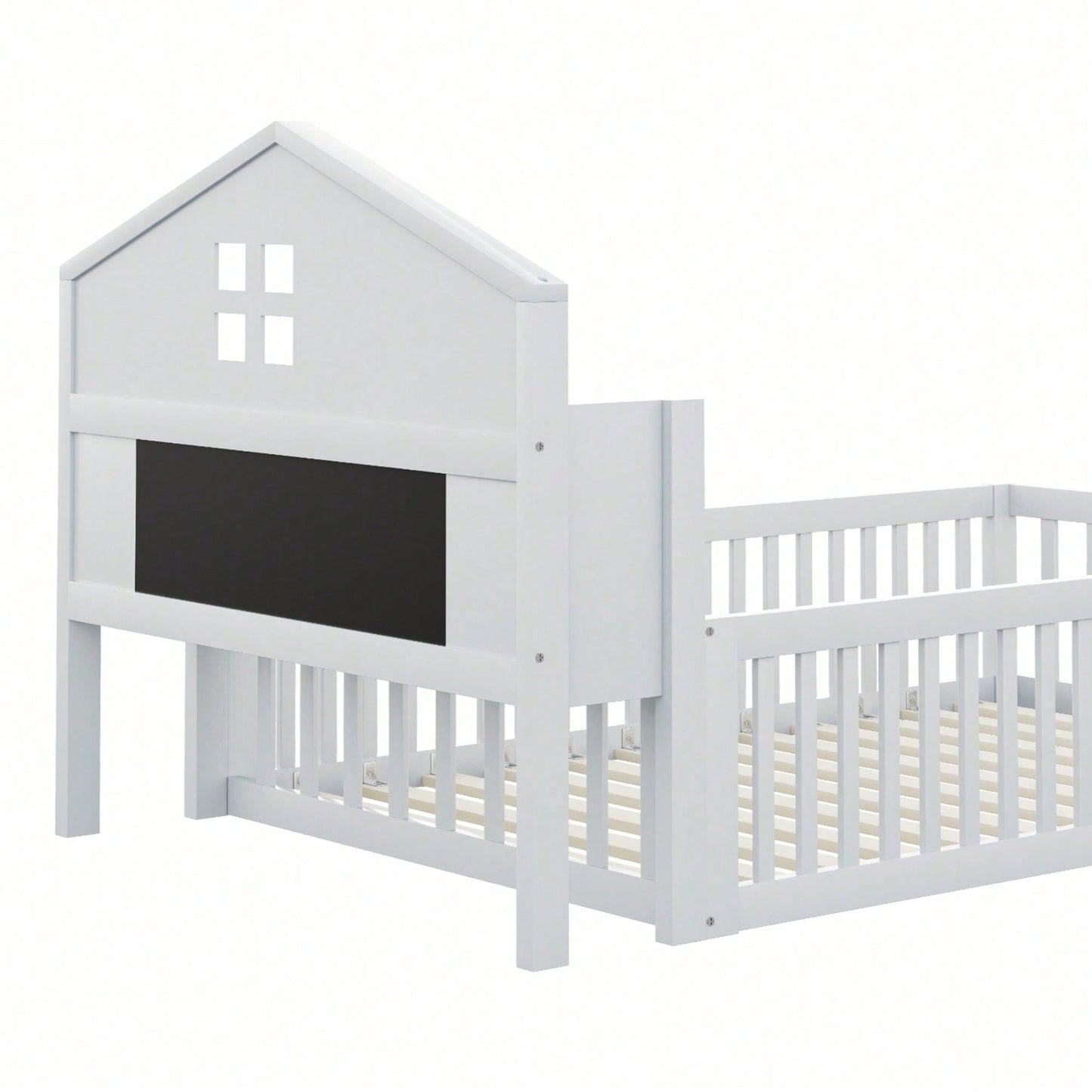 White Solid Wood Children's Bed 90x200 cm - Complete Bed Frame with Safety Gate & Door, Picture Rail, Storage Shelves & Slatted Base - Playful House-Shaped Design for Kids' Room