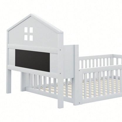 White Solid Wood Children's Bed 90x200 cm - Complete Bed Frame with Safety Gate & Door, Picture Rail, Storage Shelves & Slatted Base - Playful House-Shaped Design for Kids' Room