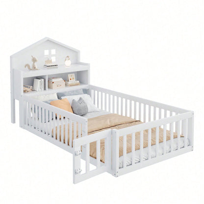 White Solid Wood Children's Bed 90x200 cm - Complete Bed Frame with Safety Gate & Door, Picture Rail, Storage Shelves & Slatted Base - Playful House-Shaped Design for Kids' Room