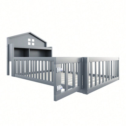 White Solid Wood Children's Bed 90x200 cm - Complete Bed Frame with Safety Gate & Door, Picture Rail, Storage Shelves & Slatted Base - Playful House-Shaped Design for Kids' Room