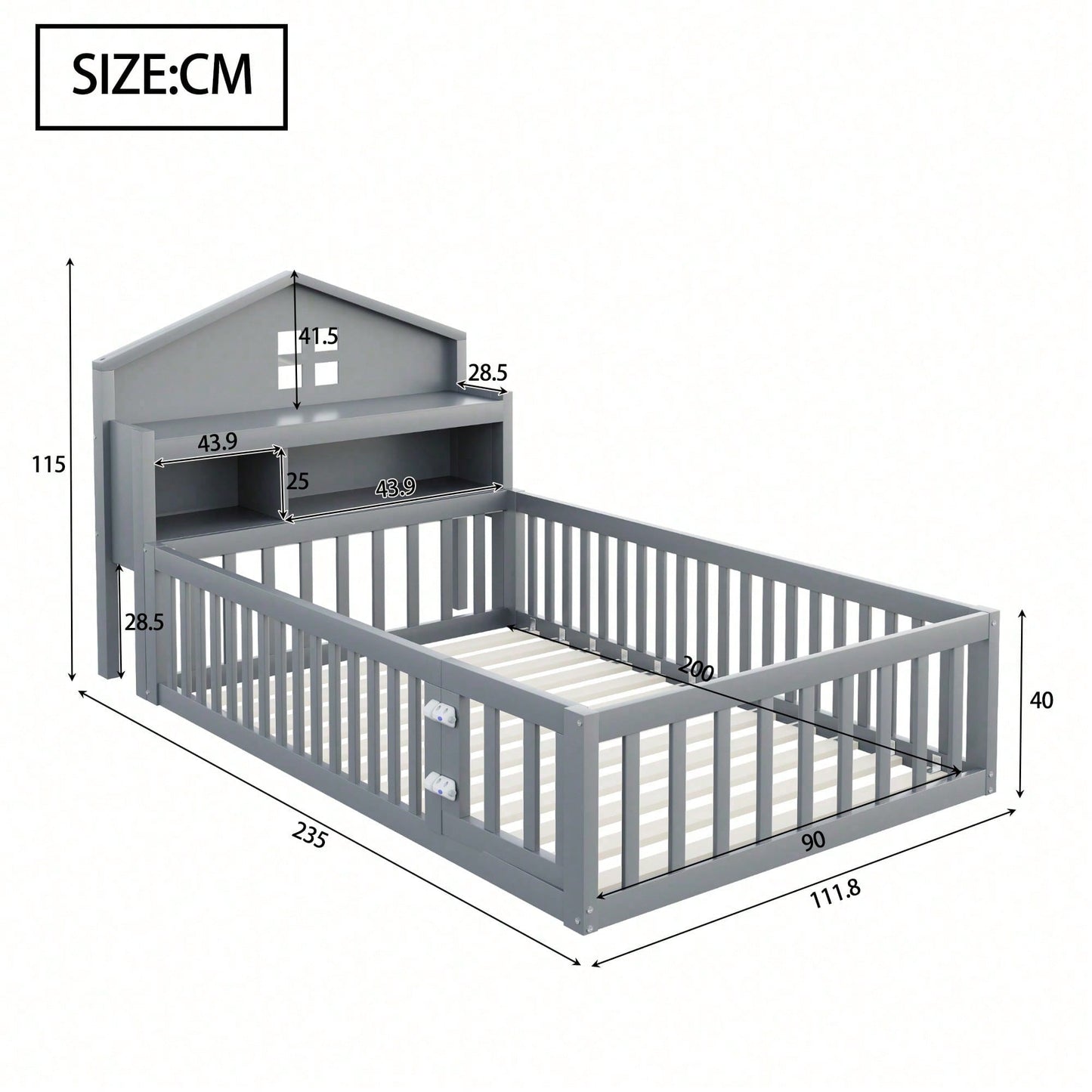 White Solid Wood Children's Bed 90x200 cm - Complete Bed Frame with Safety Gate & Door, Picture Rail, Storage Shelves & Slatted Base - Playful House-Shaped Design for Kids' Room